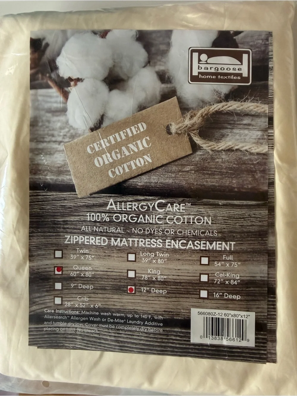 ALLERGY CARE 100% ORGANIC COTTON ZIPPERED MATTRESS ENCASEMENT QUEEN